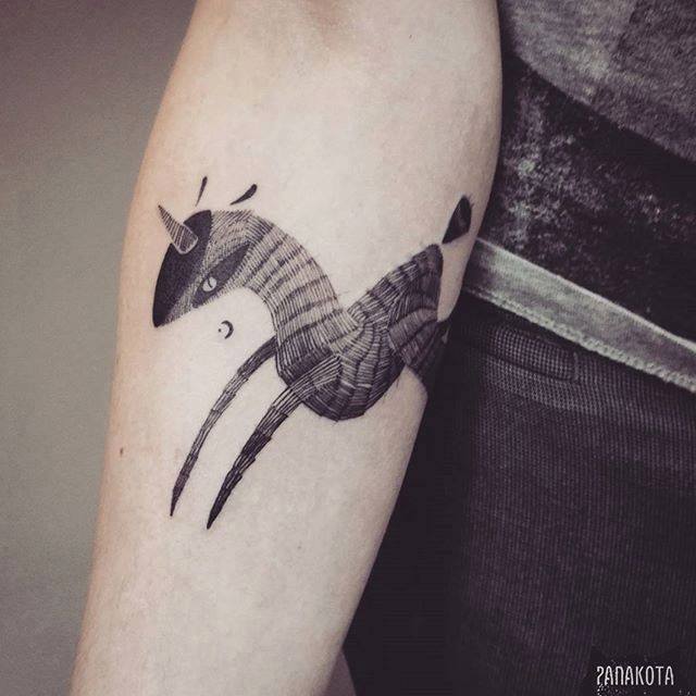 Unique Black Ink Unicorn Tattoo On Left Forearm By Panakota