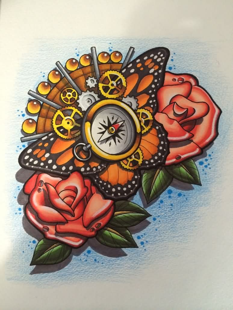 Unique Butterfly With Roses And Compass Tattoo Design