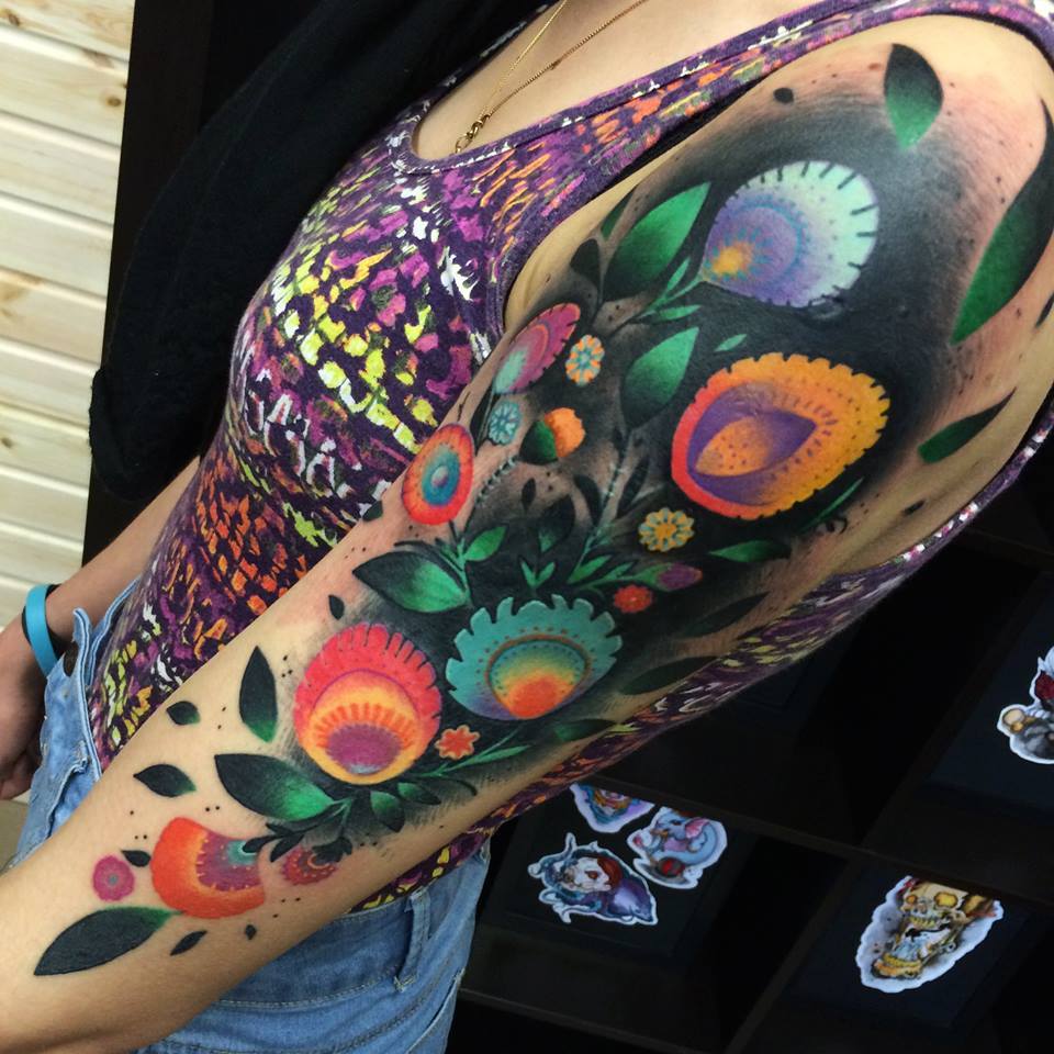 Unique Colorful Flowers Tattoo On Women Left Half Sleeve By Giena Todryk