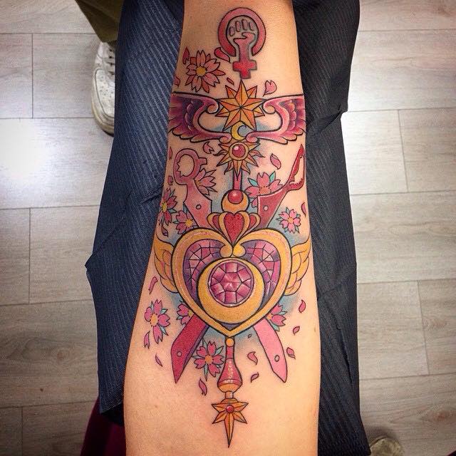 Unique Colorful Sailor Moon Wand Tattoo On Forearm By Pig Legion
