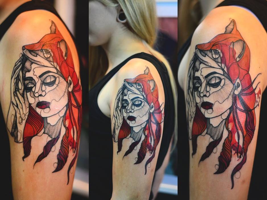 Unique Fox Head Women Face Tattoo On Girl Left Shoulder By Dzo Lama