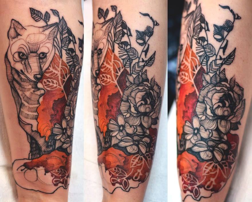 Unique Fox With Flowers Tattoo Design For Arm