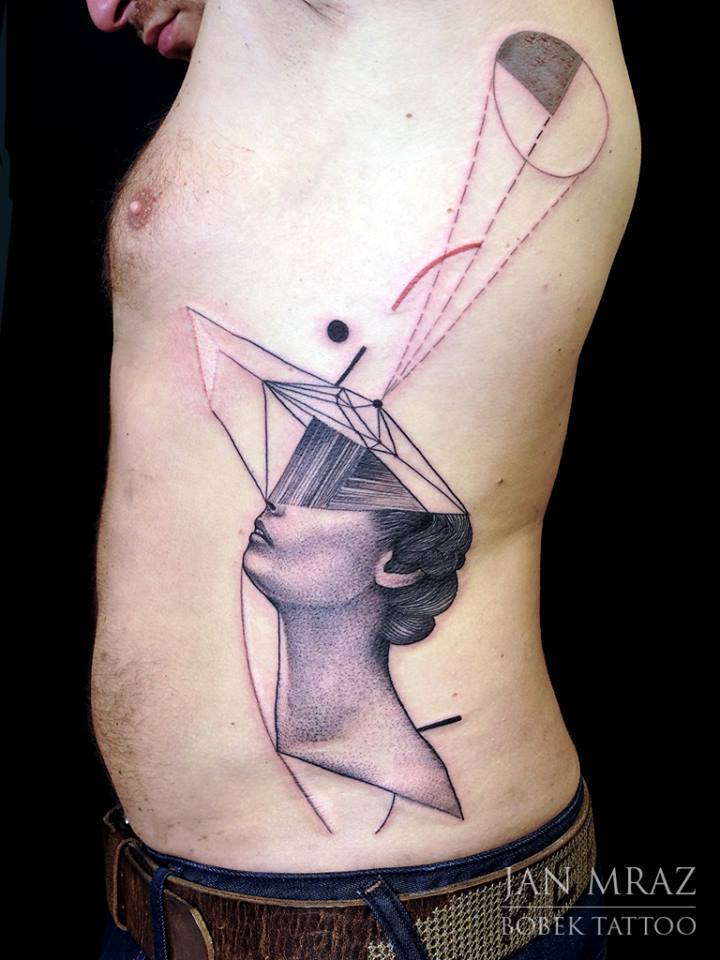 Unique Geometric Women Head Tattoo On Man Left Side Rib