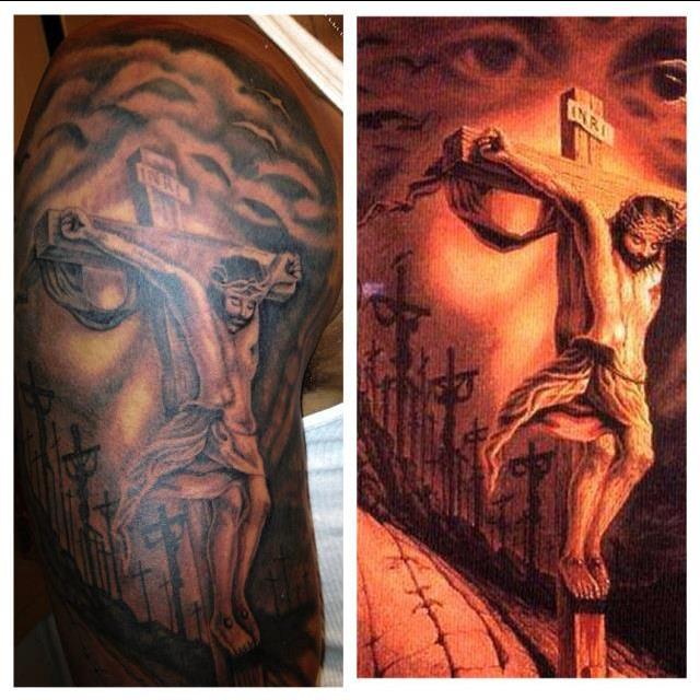 Unique Jesus On Cross Tattoo On Man Right Half Sleeve By Omar