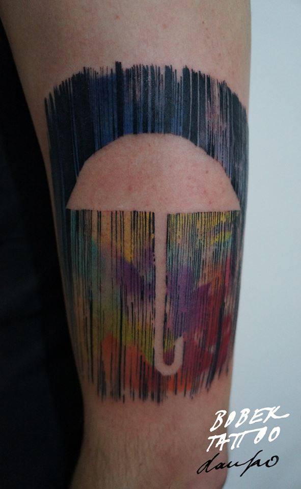 Unique Umbrella Tattoo On Man Left Half Sleeve