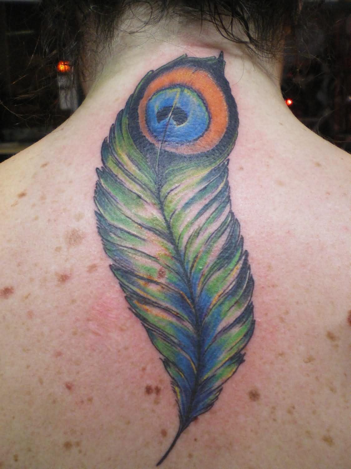 Upper Back Peacock Feather Tattoo Idea