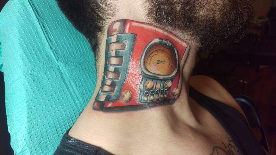 Vintage Radio Tattoo On Man Right Side Neck By Laura Frego