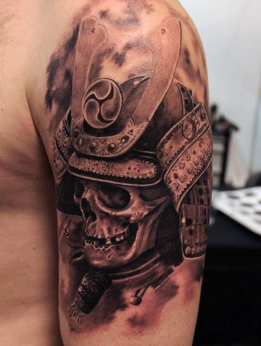 Warrior Skull Tattoo On Left Bicep