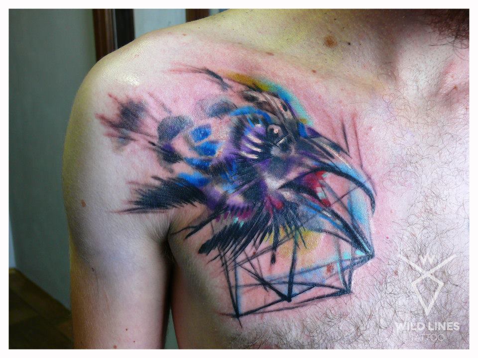 Watercolor Abstract Flying Bird Tattoo On Man Right Front Shoulder