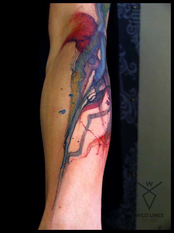 Watercolor Abstract Tattoo On Left Forearm