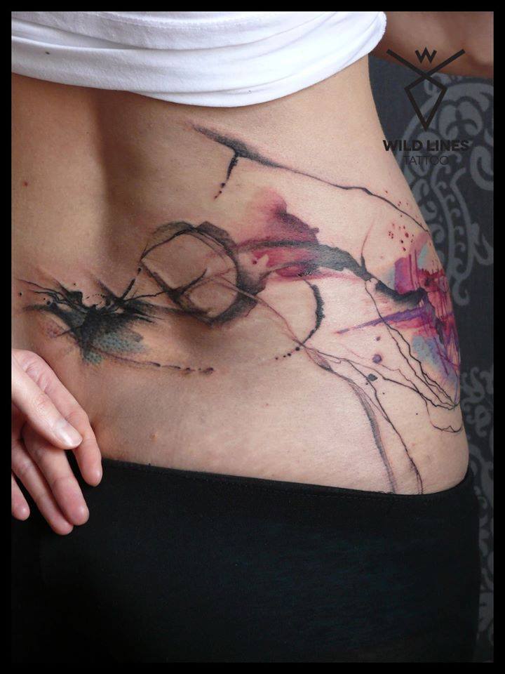 Watercolor Abstract Tattoo On Lower Back