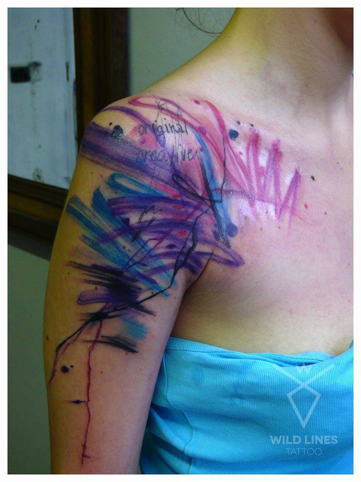 Watercolor Abstract Tattoo On Right Shoulder By Dodo Deer