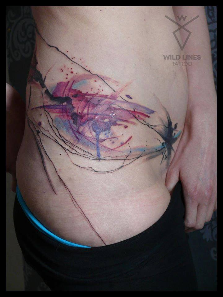 Watercolor Abstract Tattoo On Right Side Rib