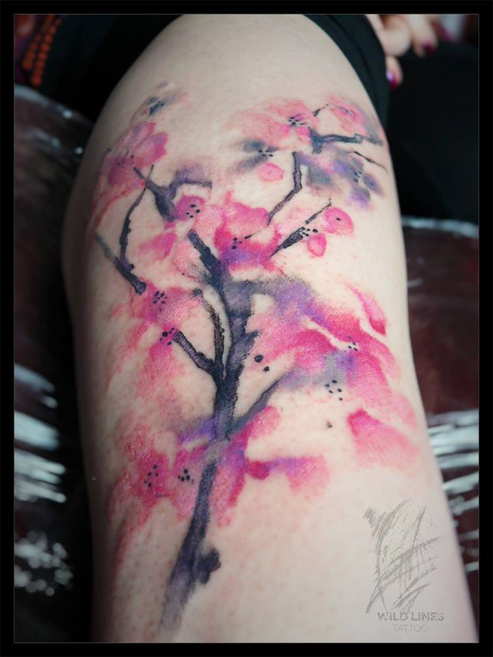 Watercolor Cherry Blossom Tattoo On Right Half Sleeve By Dodo Deer
