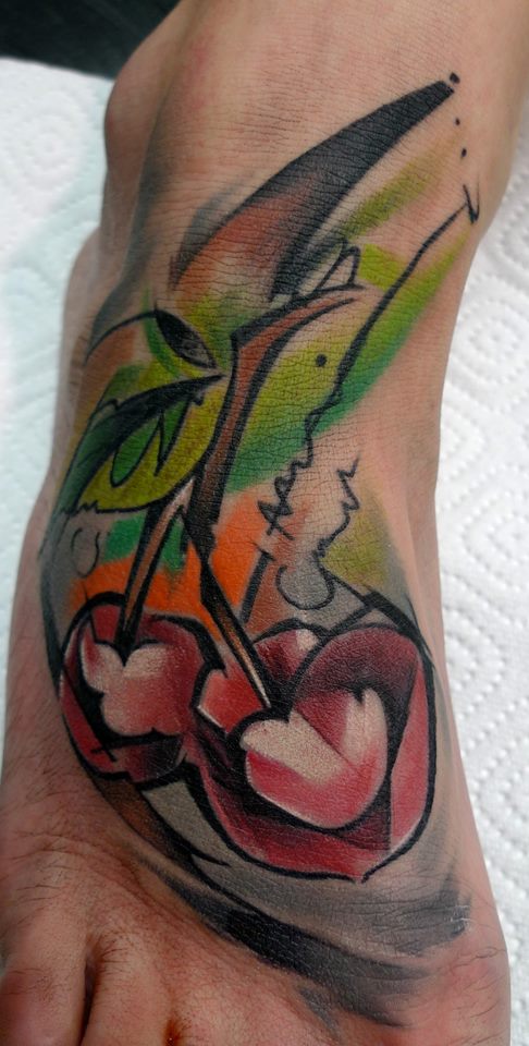 Watercolor Cherry Tattoo On Right Foot