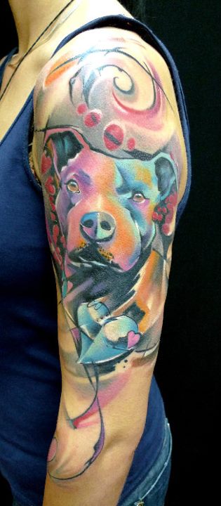 Watercolor Dog Head Tattoo On Left Half Sleeve By Peter Bobek