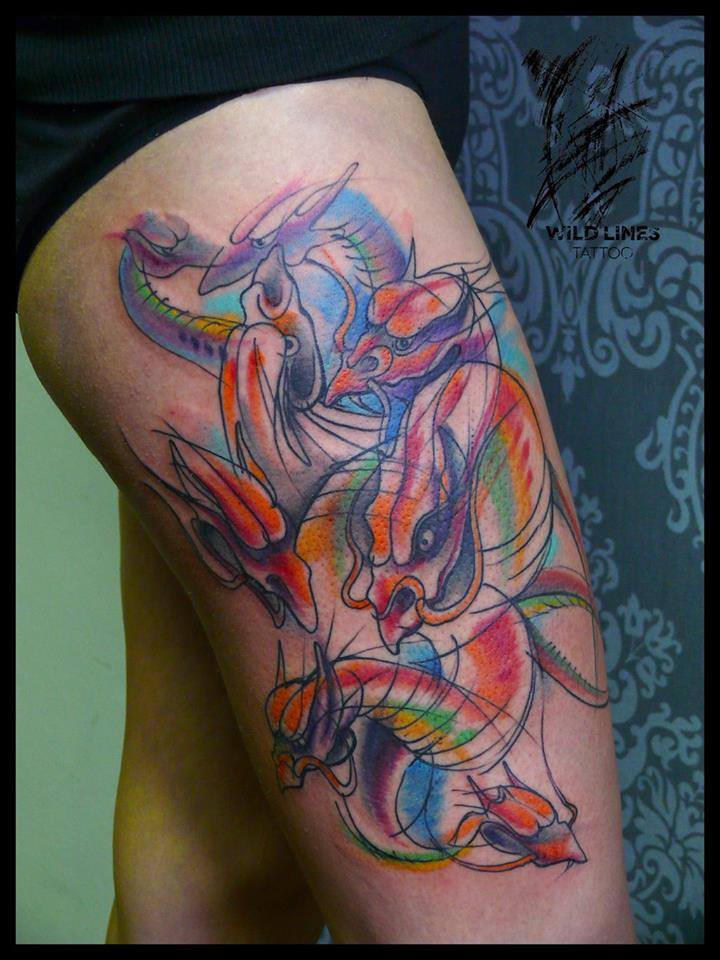 Watercolor Dragon Tattoo On Right Side Thigh