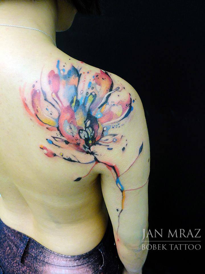 Watercolor Flower Tattoo On Right Back Shoulder