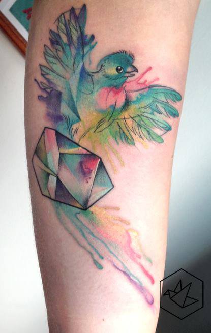 Watercolor Flying Bird Tattoo On Sleeve