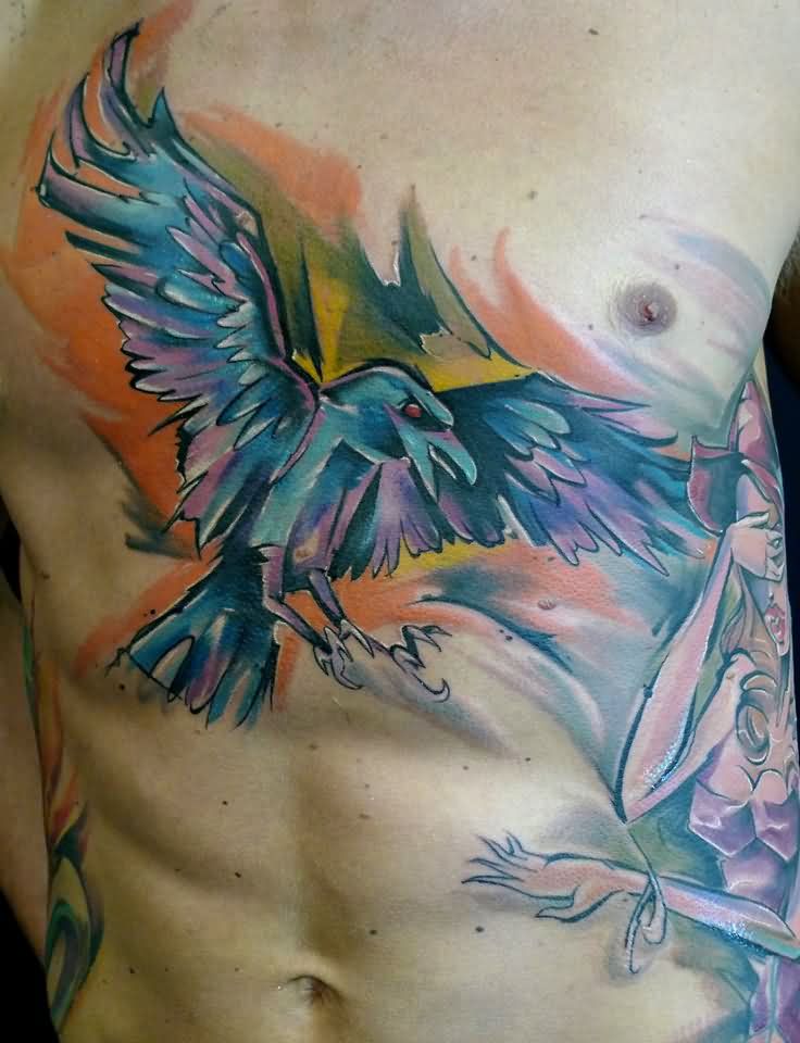 Watercolor Flying Crow Tattoo On Man Chest