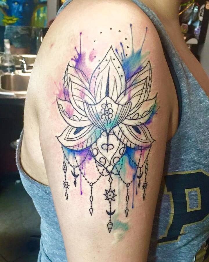Watercolor Lotus Flower Tattoo On Women Right Shoulder