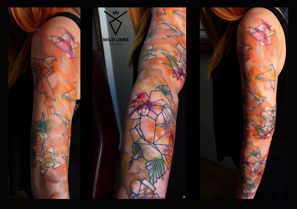 Watercolor Paper Birds And Flowers Tattoo On Girl Left Full Sleeve