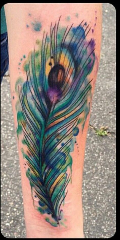 Watercolor Peacock Feather Tattoo On Forearm
