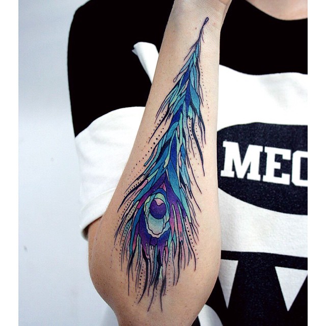 Watercolor Peacock Feather Tattoo On Right Sleeve