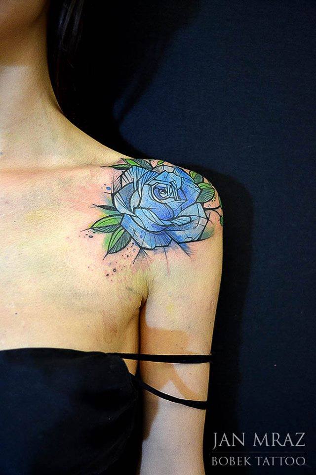 Watercolor Rose Tattoo On Women Left Shoulder By Jan Mraz