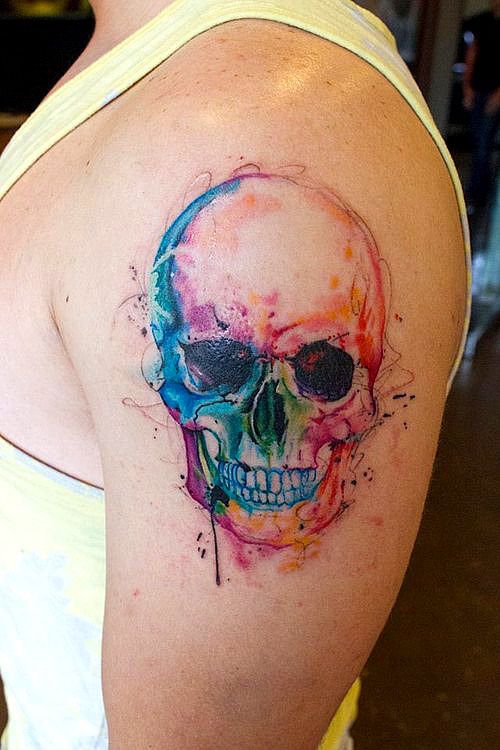 Watercolor Skull Tattoo On Left Shoulder