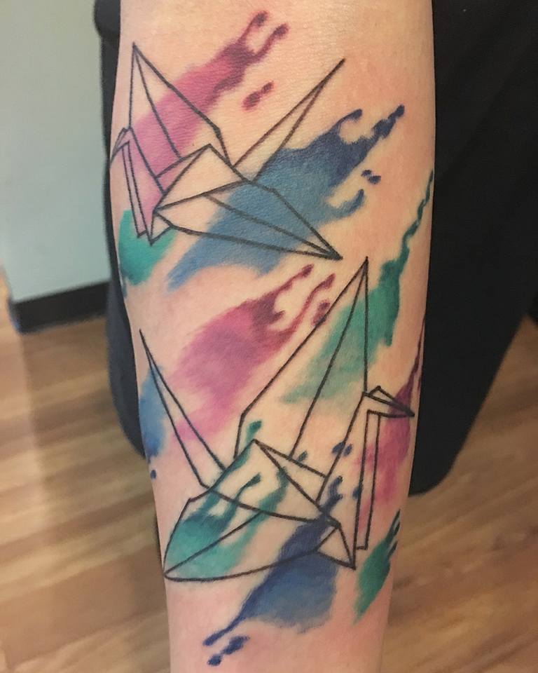 Watercolor Two Paper Birds Tattoo On Forearm