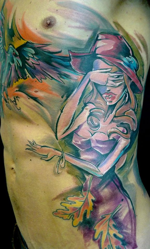 Watercolor Women Tattoo On Man Left Side Rib