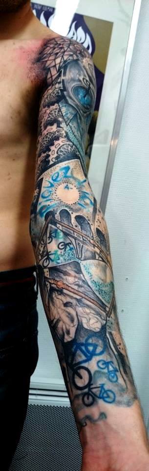 Wonderful Abstract Hourglass Tattoo On Left Full Sleeve