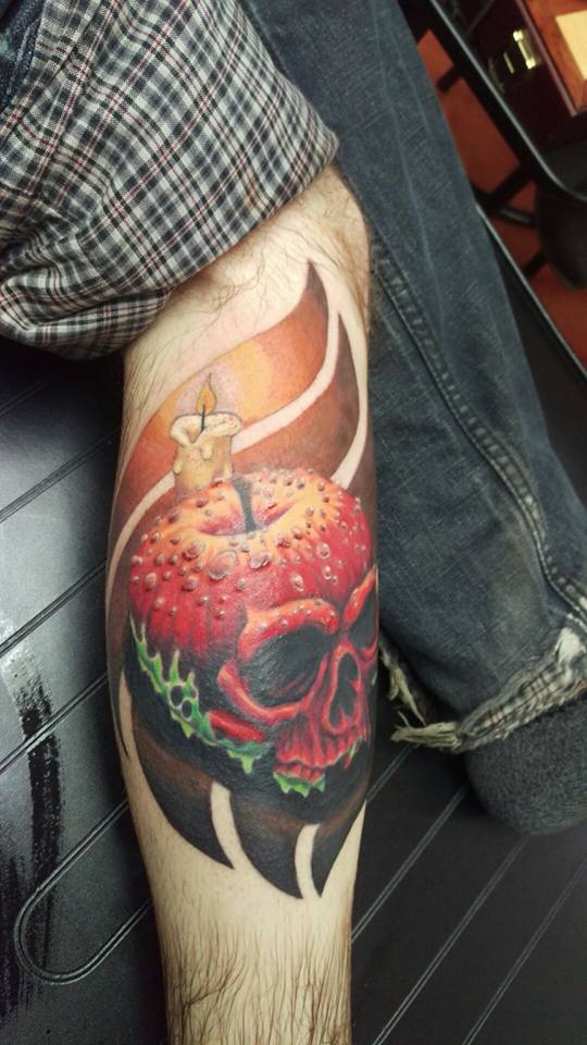 Wonderful Apple Skull Tattoo On Right Leg