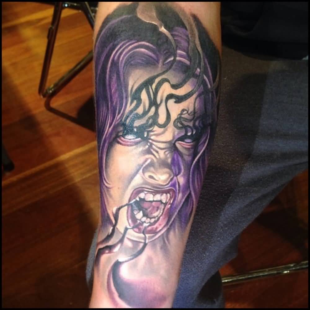Wonderful Horror Girl Face Tattoo On Right Forearm