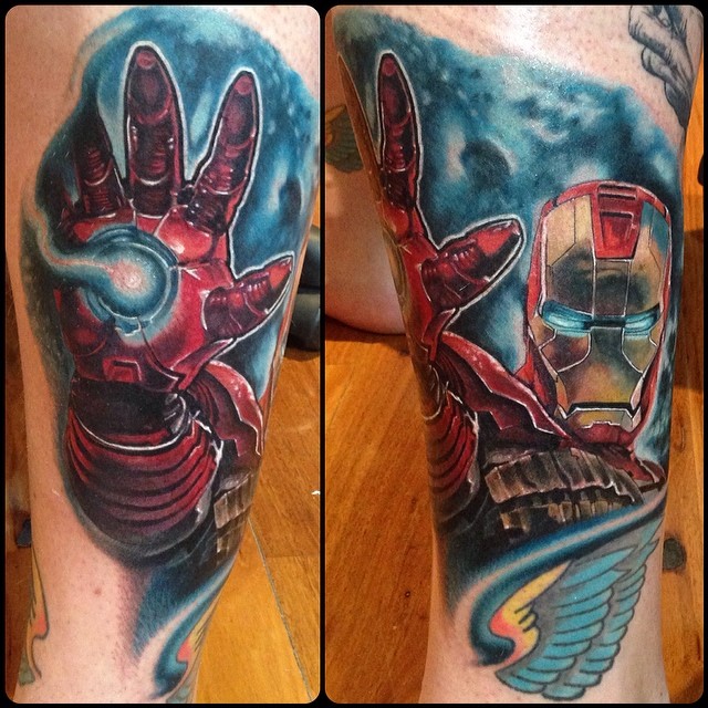 Wonderful Iron Man Tattoo On Left Leg