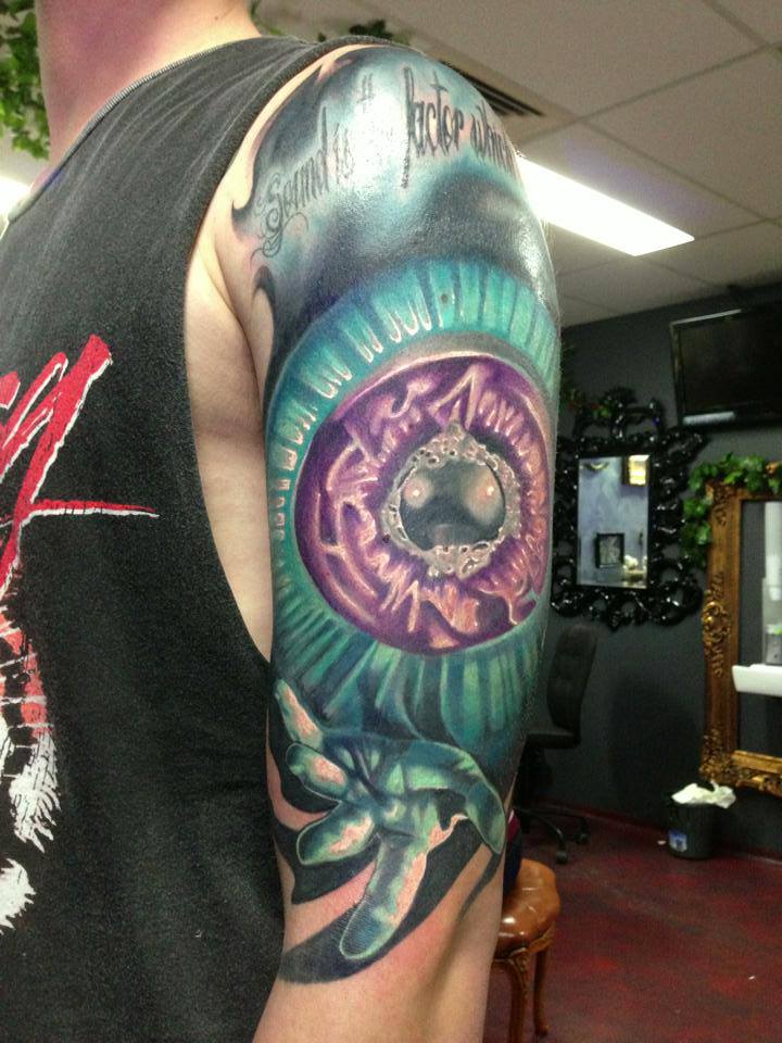Wonderful Karnivool Sound Awake Tattoo On Man Left Half Sleeve By Fabz