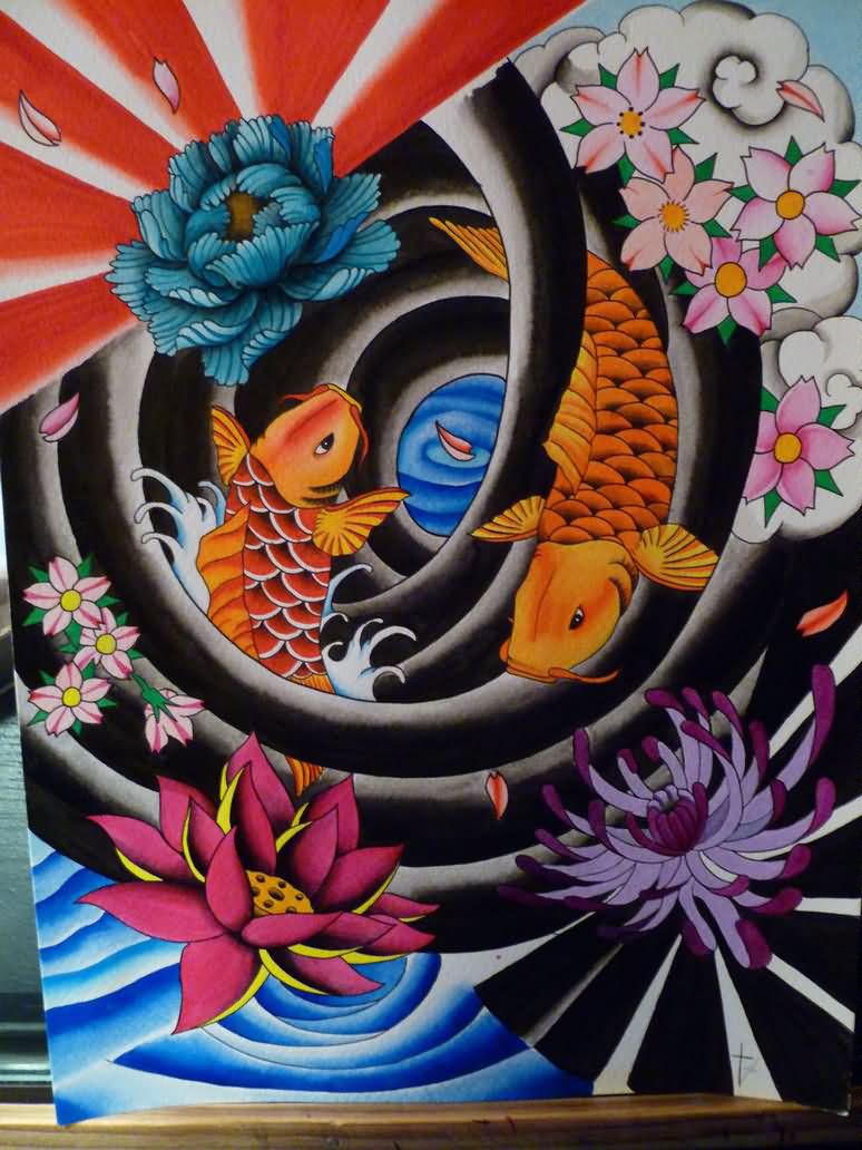 Wonderful Koi Fish With Flowers Tattoo Design By Tyler Bishop