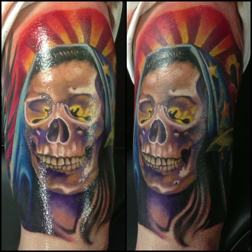 Wonderful Muerta Maria De Guadalupe Skull Tattoo On Left Half Sleeve By Fabz