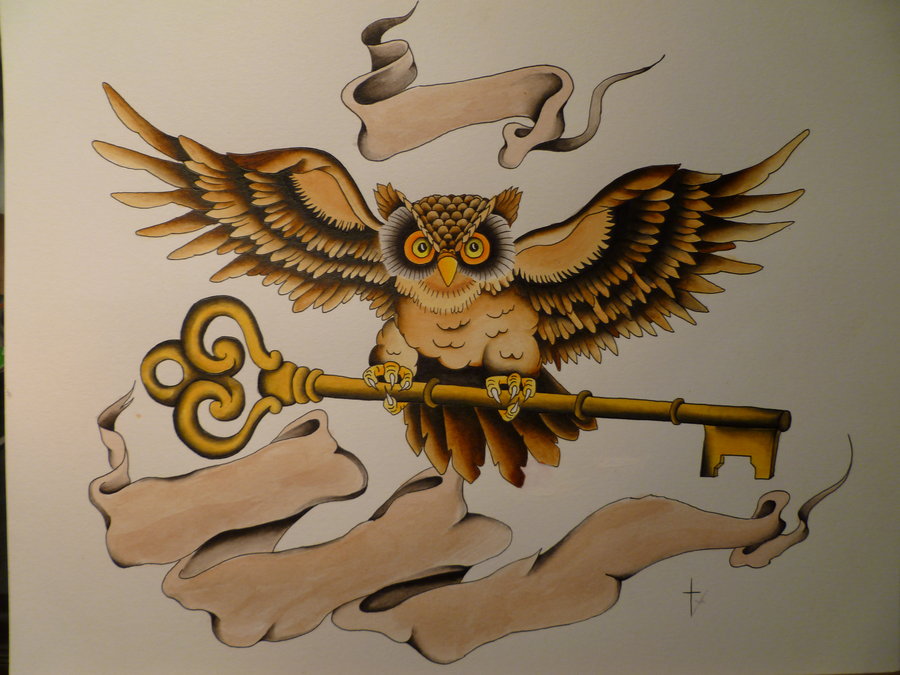 Wonderful Owl With Key And Ribbon Tattoo Design