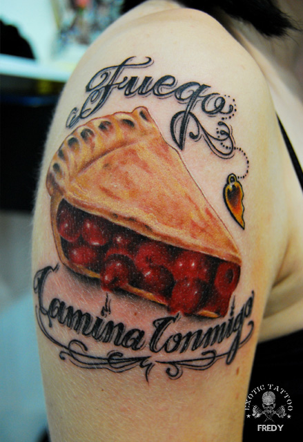 Wonderful Pie Piece Tattoo On Women Right Shoulder