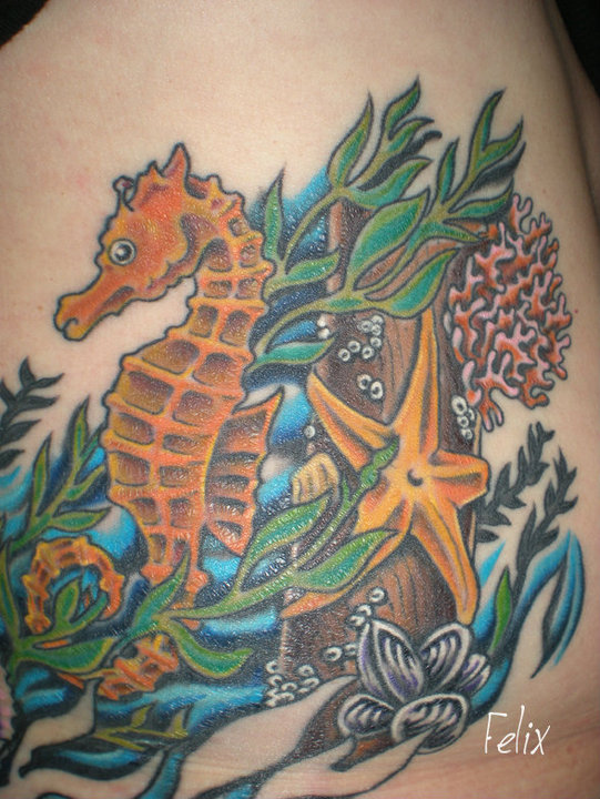 Wonderful Seahorse Tattoo Design For Shoulder By Felix