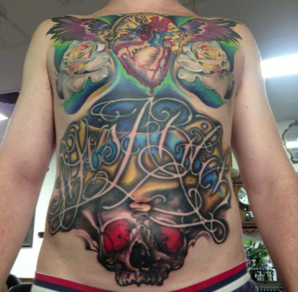 Wonderful Traditional Real Heart With Roses And Skull Tattoo On Man Full Body