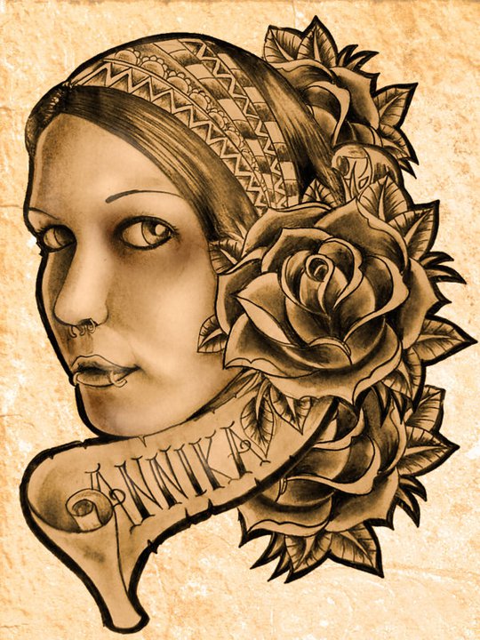 Wonderful Women Face With Rose And Banner Tattoo Design By Piglegion