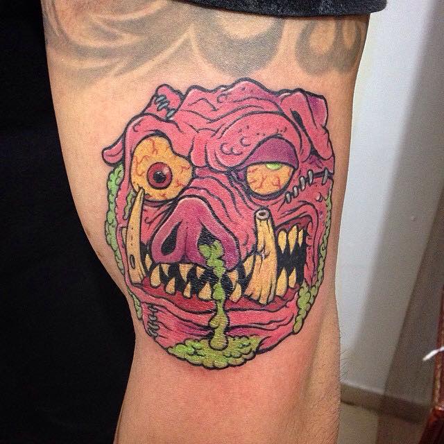 Zombie Pig Face Tattoo On Half Sleeve
