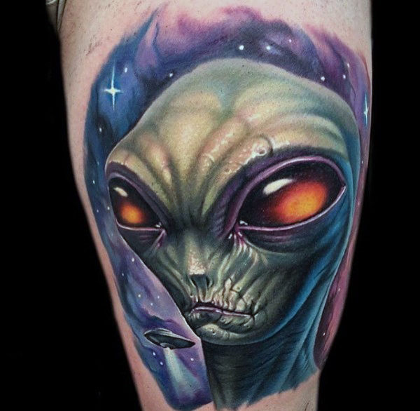 3D Alien Head Tattoo On Leg Calf