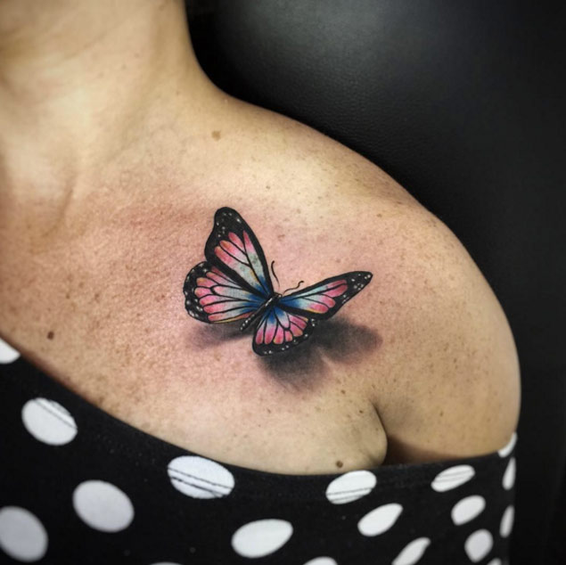 3D Butterfly Tattoo On Girl Front Shoulder