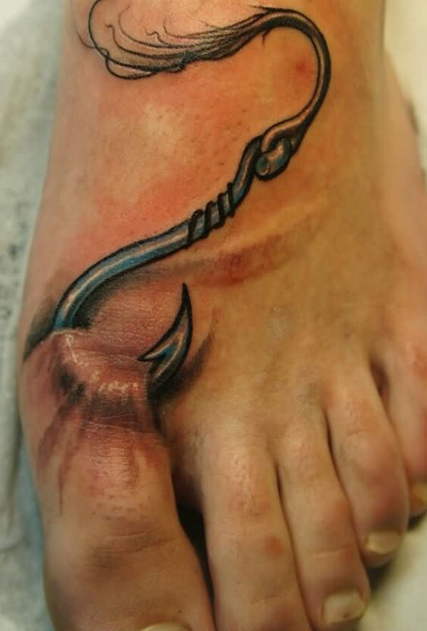 3D Ripped Skin Hook Tattoo On Left Foot