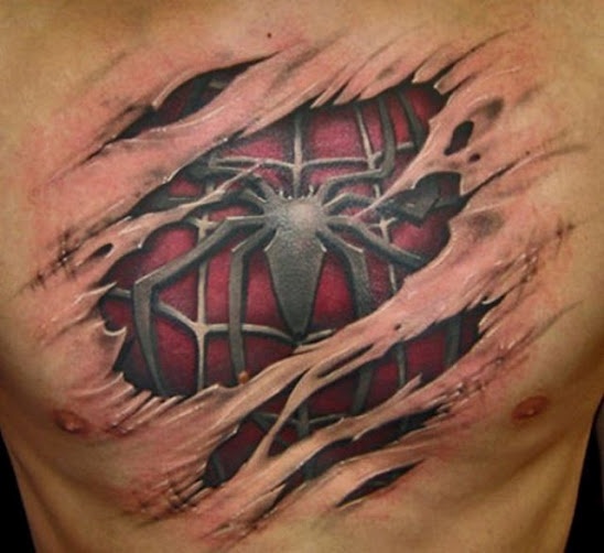 3D Ripped Skin Spider Tattoo On Man Chest