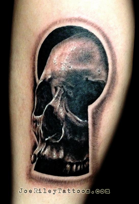 3D Skull In Key Lock Tattoo Design